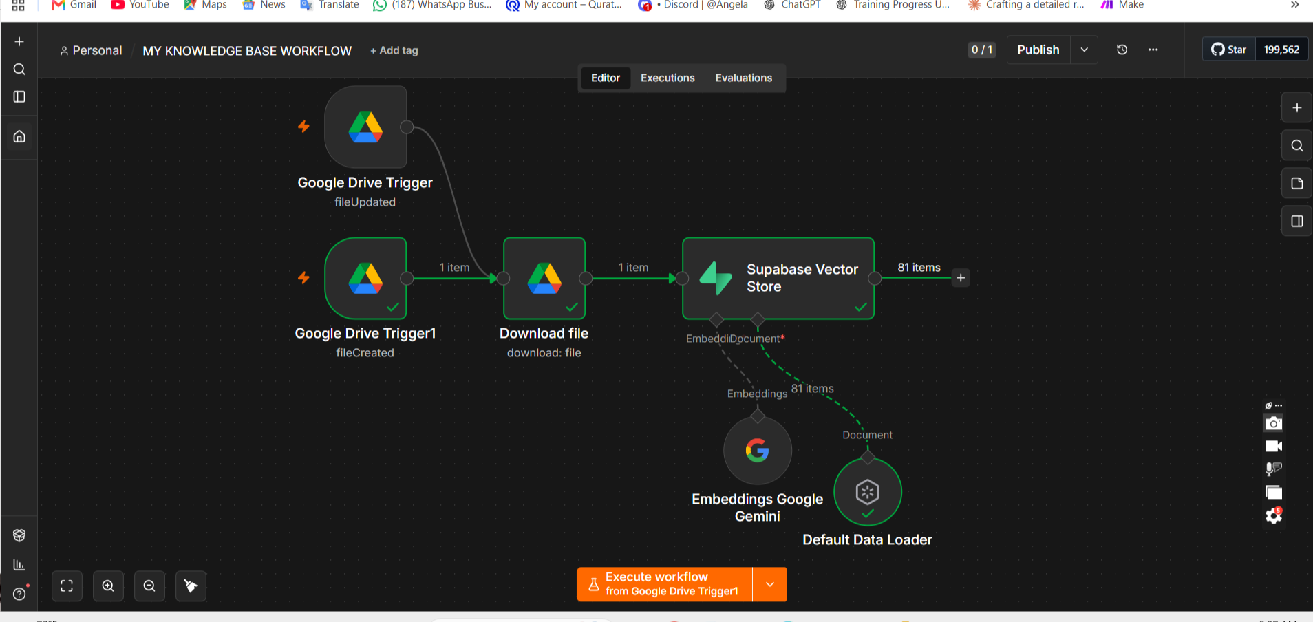 n8n workflow showing Google Drive triggers, document download, Gemini embeddings and Supabase Vector Store